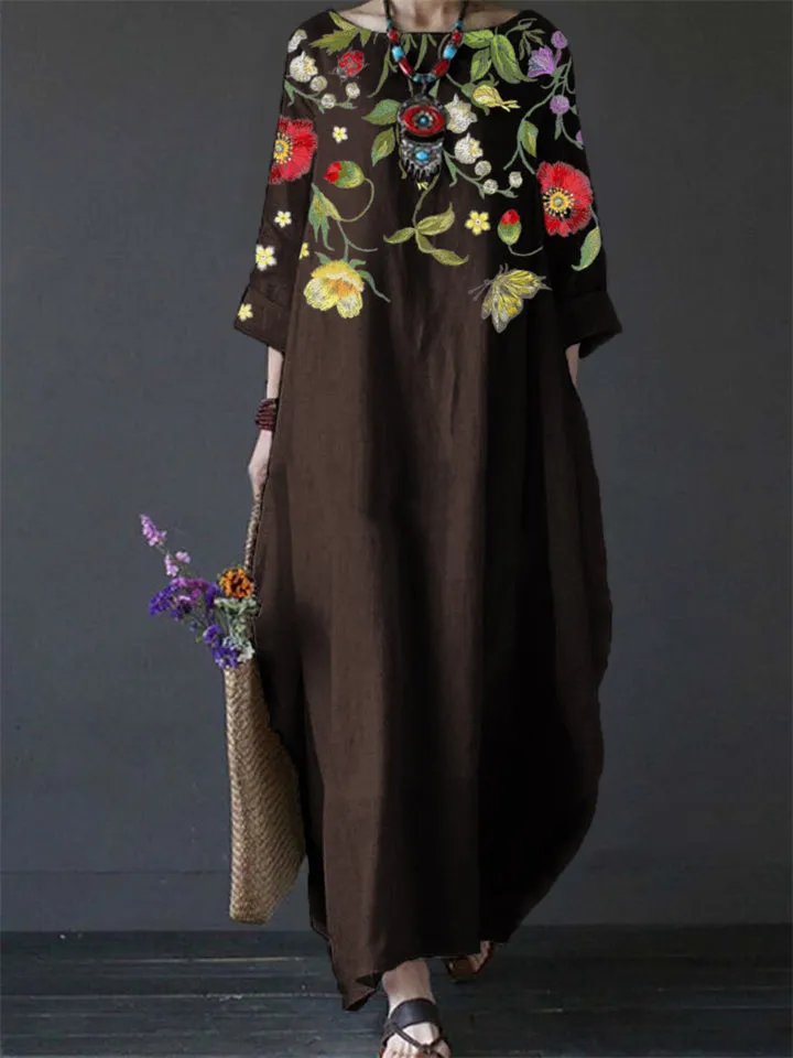 Women's Crew Neck 3/4 Sleeve Ethnic Floral Print Flowy Dress