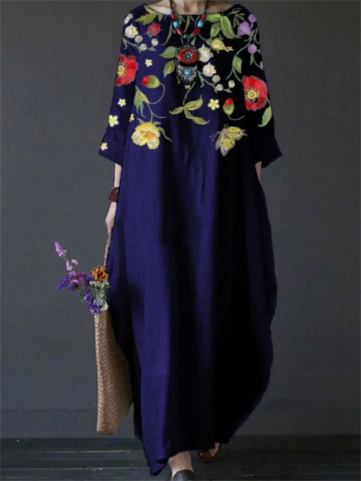 Women's Crew Neck 3/4 Sleeve Ethnic Floral Print Flowy Dress