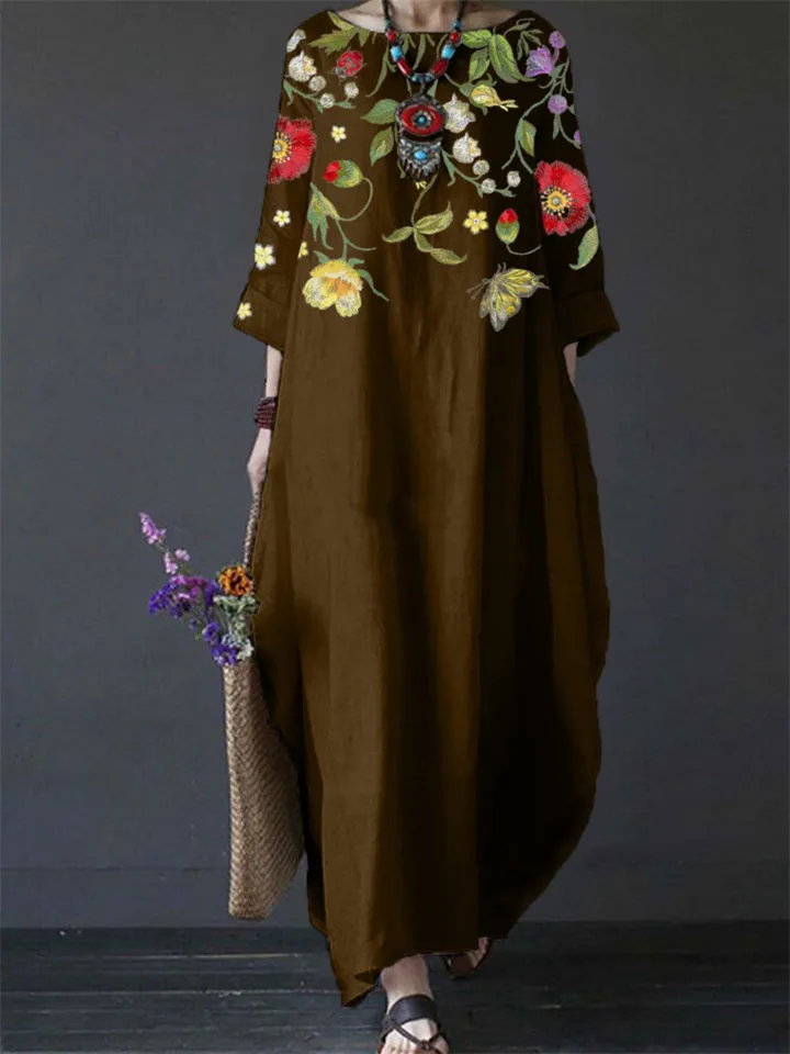 Women's Crew Neck 3/4 Sleeve Ethnic Floral Print Flowy Dress