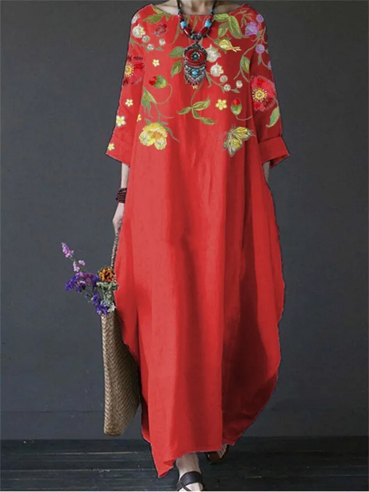 Women's Crew Neck 3/4 Sleeve Ethnic Floral Print Flowy Dress