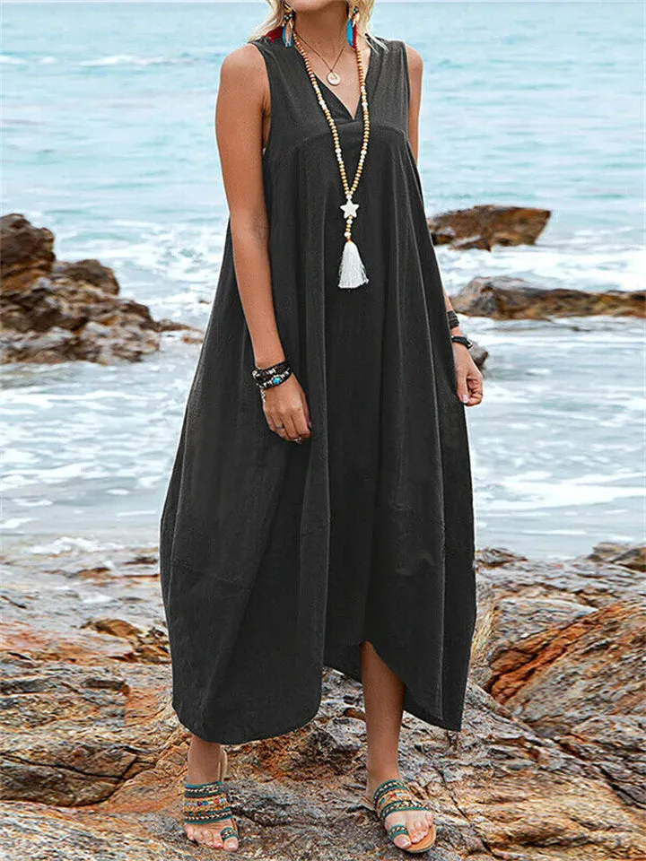 Women's Deep V Neck Pocket Backless Lace Up Loose Beach Dress