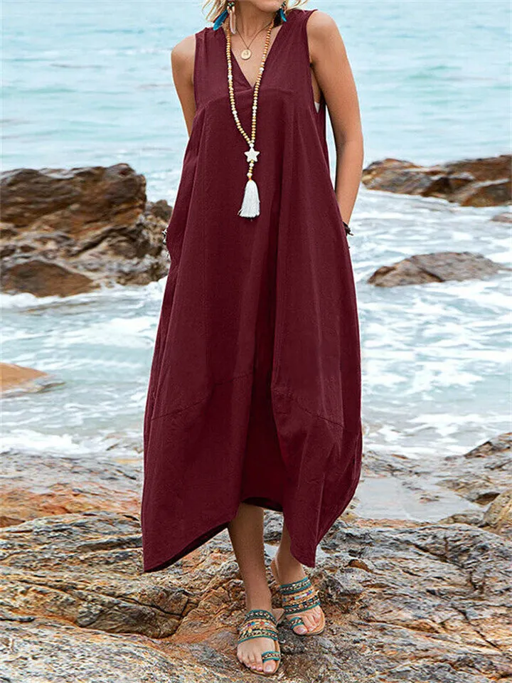 Women's Deep V Neck Pocket Backless Lace Up Loose Beach Dress