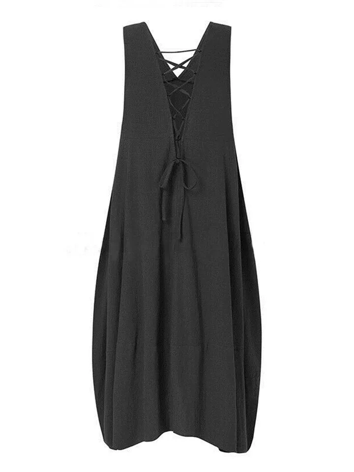 Women's Deep V Neck Pocket Backless Lace Up Loose Beach Dress