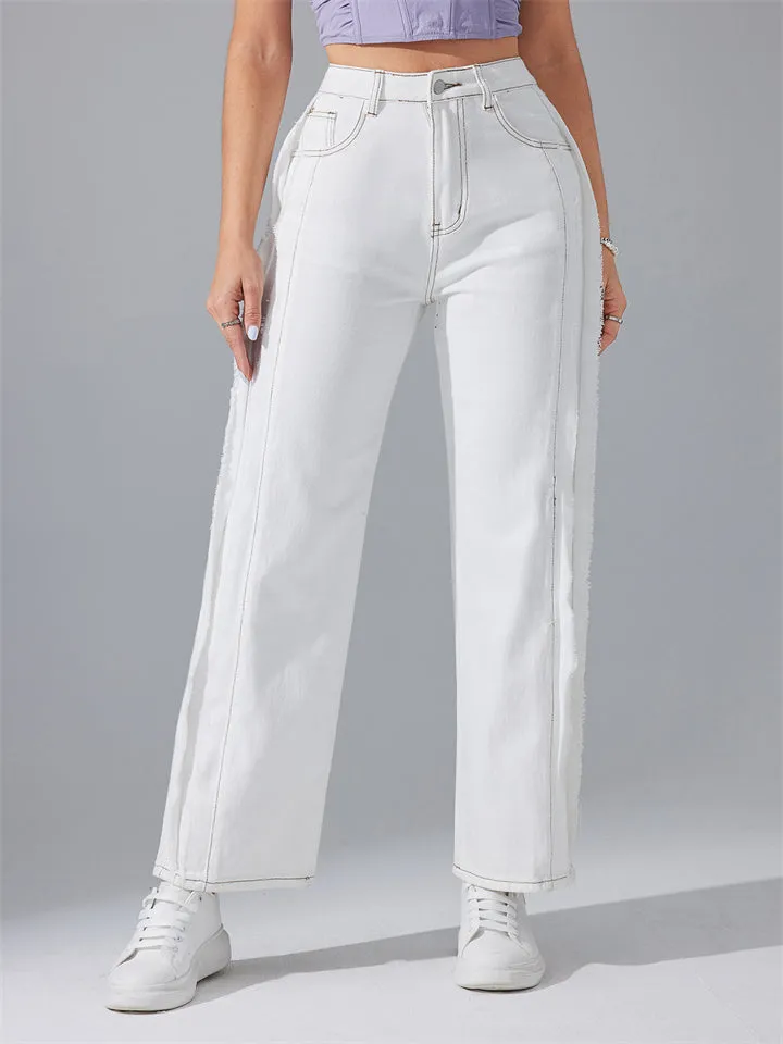 Women's Fashionable High Waist White Simple Straight-Leg Jeans