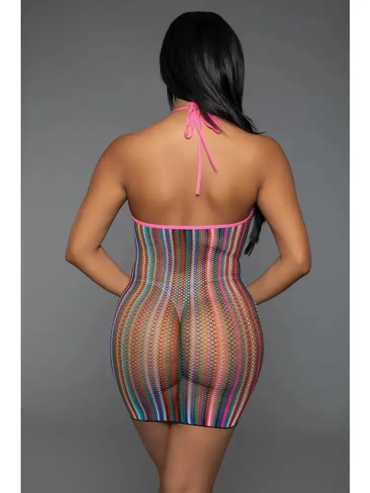 Women's Fishnet Halter Neck Rainbow Striped Mini Dress (Panty Not Included)