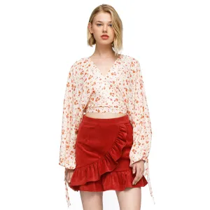 Women's Floral Wrap Front Crop Blouse In Coral Gold