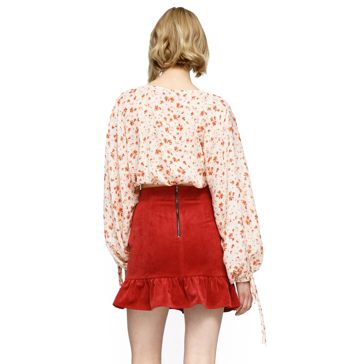 Women's Floral Wrap Front Crop Blouse In Coral Gold