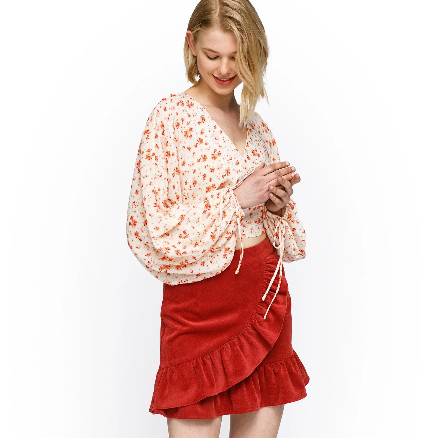 Women's Floral Wrap Front Crop Blouse In Coral Gold