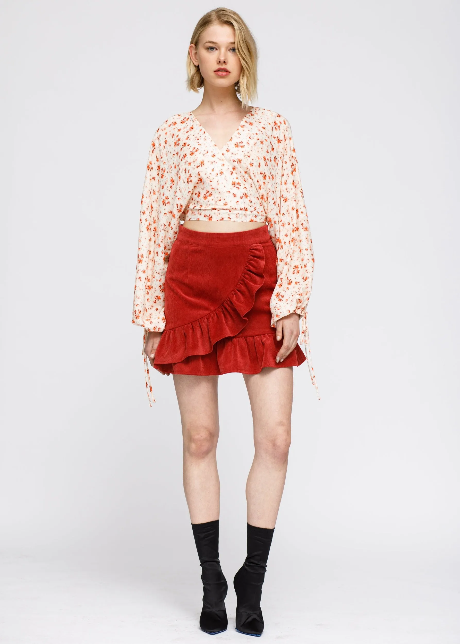 Women's Floral Wrap Front Crop Blouse In Coral Gold