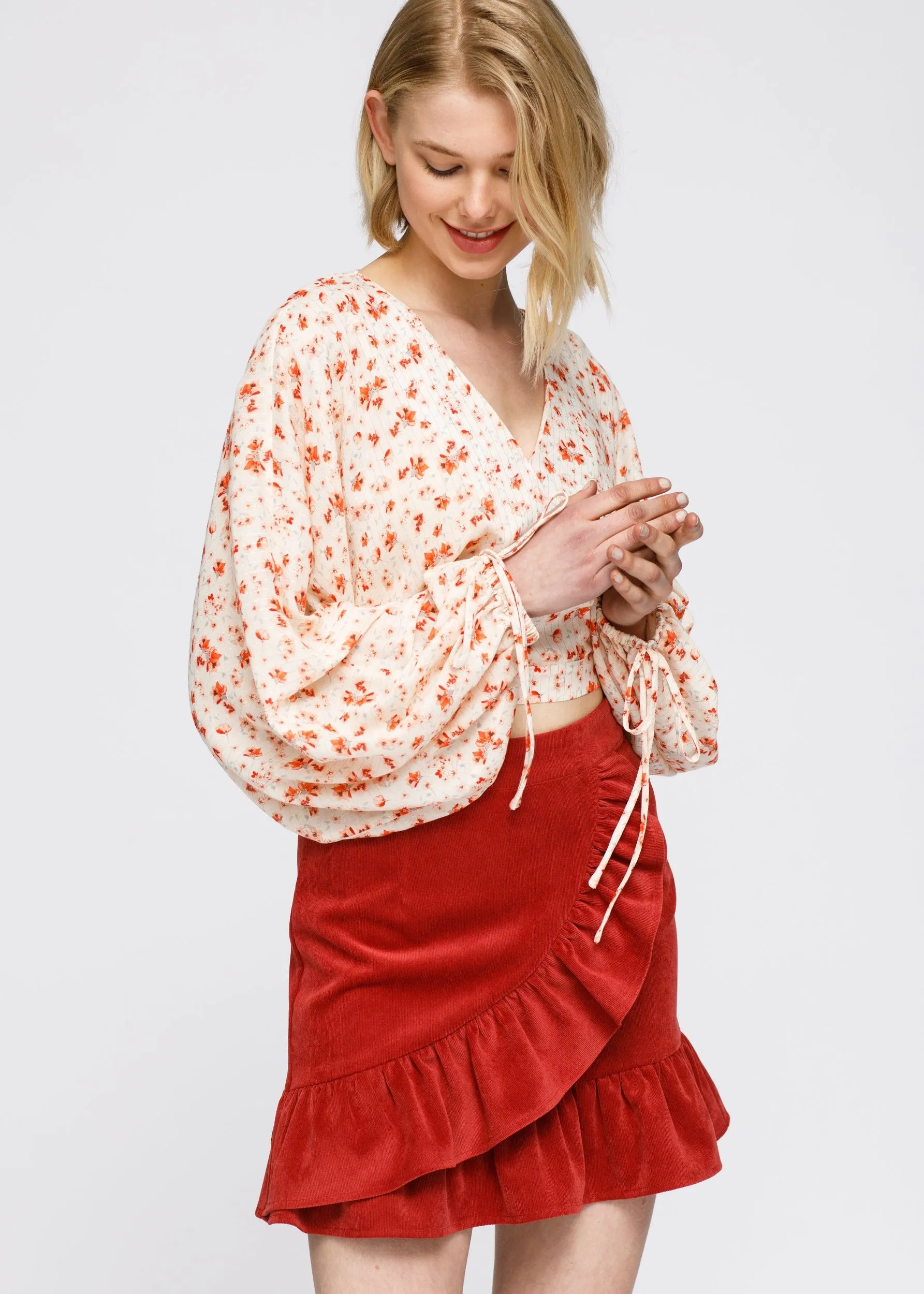 Women's Floral Wrap Front Crop Blouse In Coral Gold