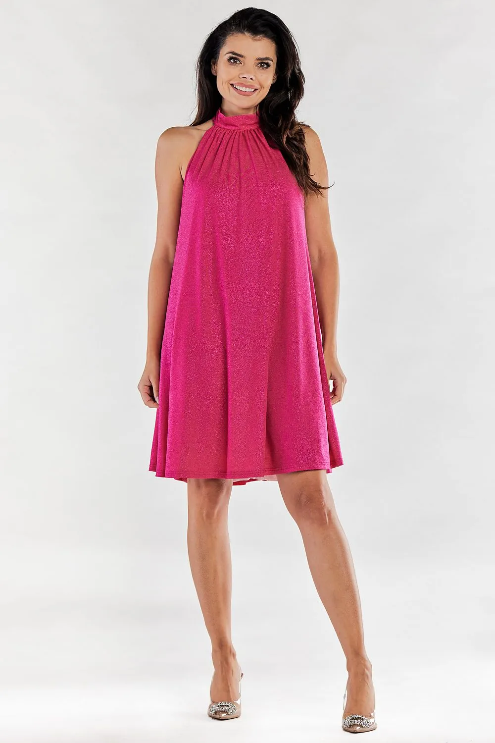 Women's Fuchsia Halter Neck Sparkly A-Line Evening Dress