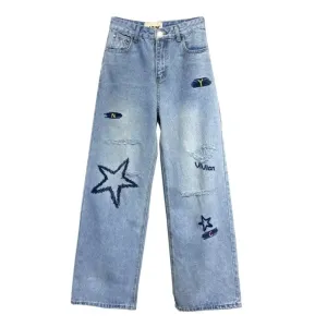 Women's High Street Letter Star Embroidered Jeans