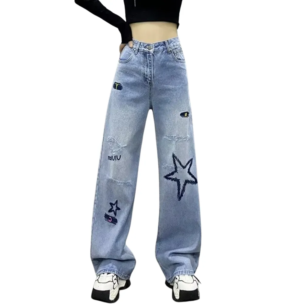 Women's High Street Letter Star Embroidered Jeans