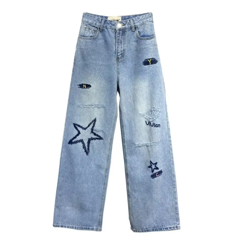 Women's High Street Letter Star Embroidered Jeans