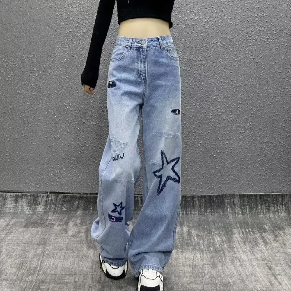 Women's High Street Letter Star Embroidered Jeans