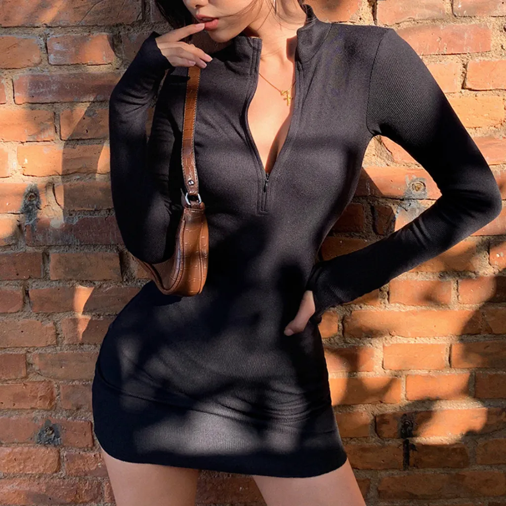Women's Hot Girl Solid Color V Neck Dress