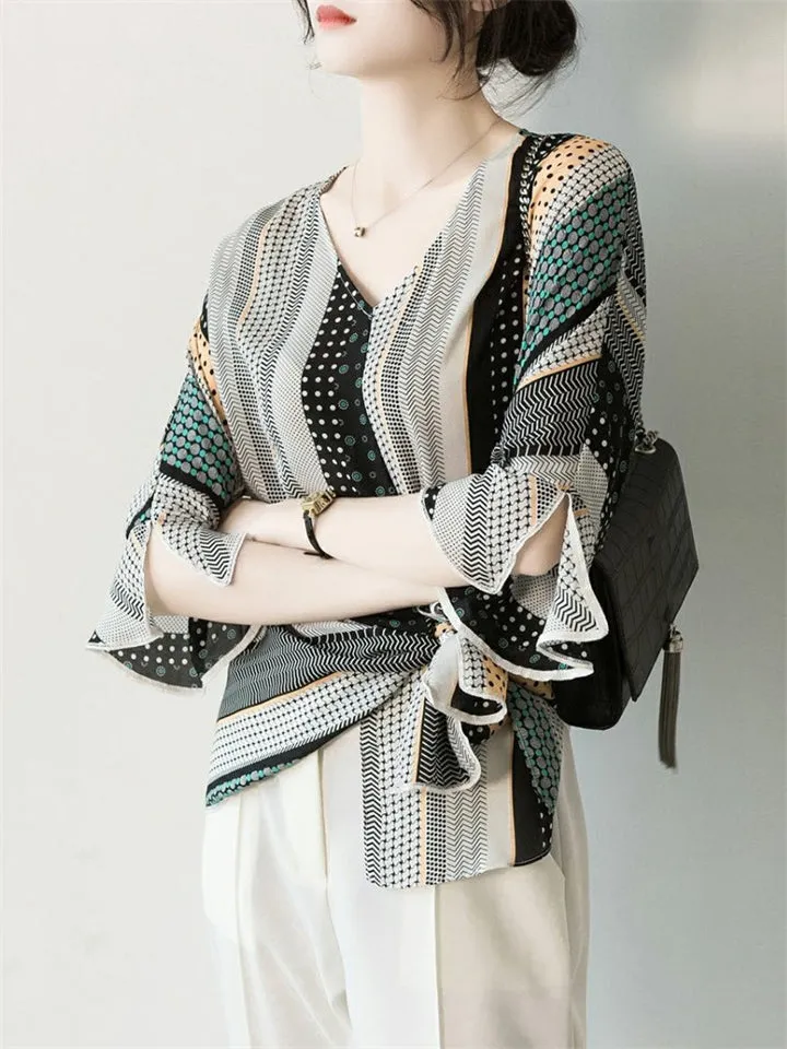 Women's Irregular Patchwork Color Print V-Neck Flared Sleeve Shirt