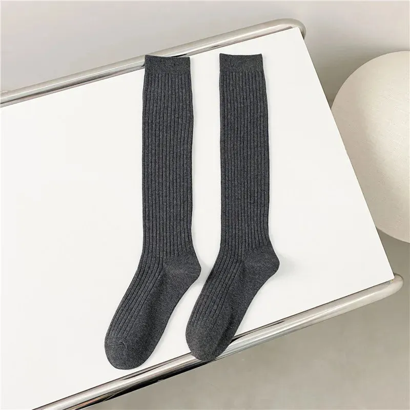 Women's Knee High Socks - Casual Preppy Style Spring Trends, High Quality Cotton Solid Color Long Stockings