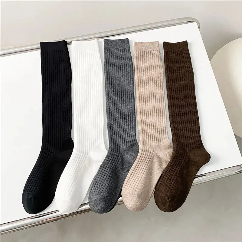 Women's Knee High Socks - Casual Preppy Style Spring Trends, High Quality Cotton Solid Color Long Stockings