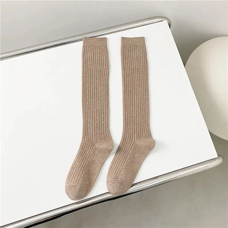 Women's Knee High Socks - Casual Preppy Style Spring Trends, High Quality Cotton Solid Color Long Stockings