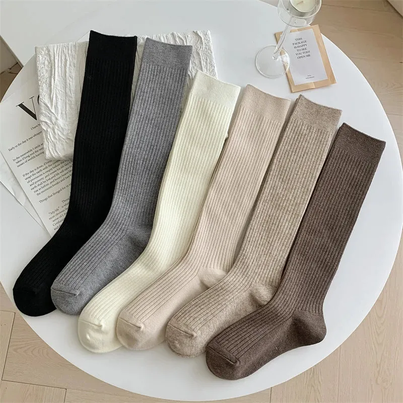 Women's Knee High Socks - Fashionable Solid Color Warm Stockings for Autumn and Winter