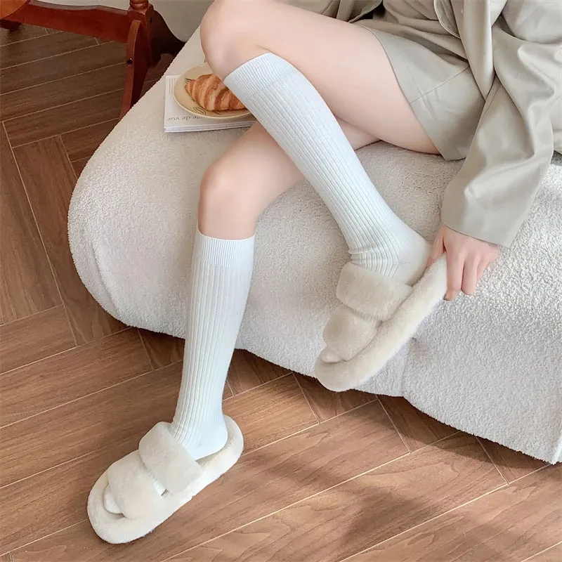 Women's Knee High Socks - Fashionable Solid Color Warm Stockings for Autumn and Winter