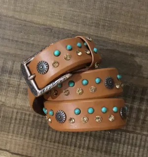 Women's Leather Belt with Crystal & Turquoise Studs