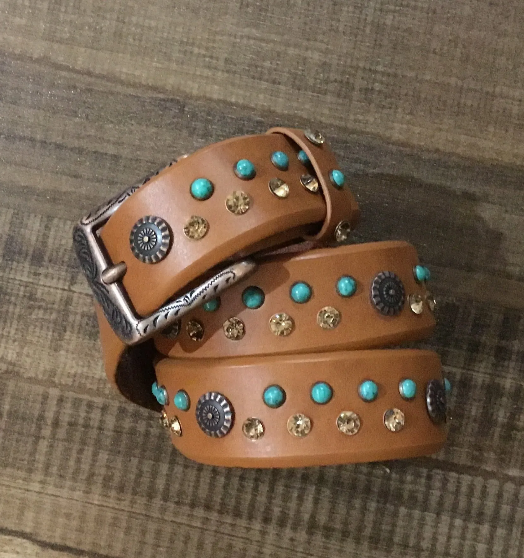 Women's Leather Belt with Crystal & Turquoise Studs