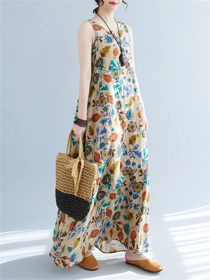 Women's Leisure Round Neck Sleeveless Print A-Line Dress