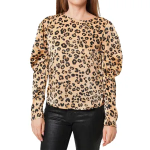 Women's Leopard Print Puffy Shoulder Top in Brown leopard