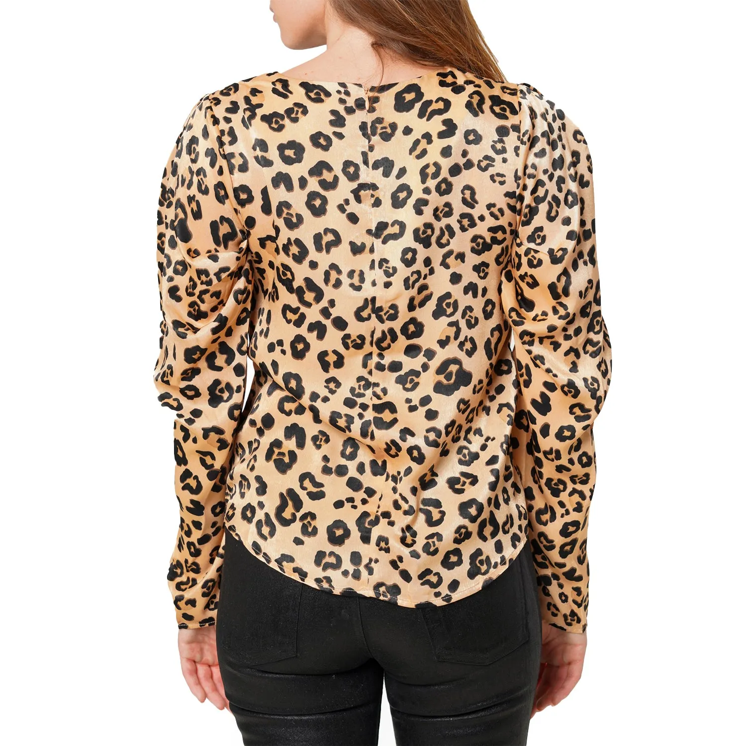 Women's Leopard Print Puffy Shoulder Top in Brown leopard