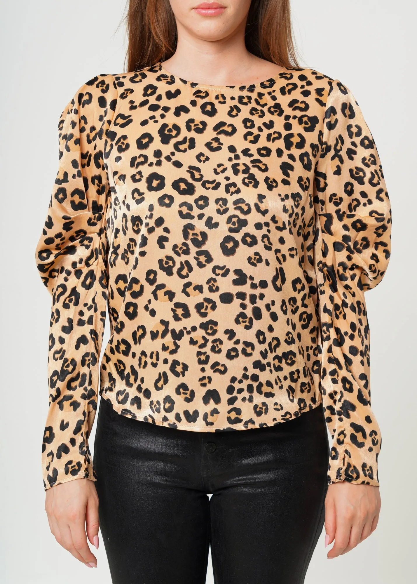 Women's Leopard Print Puffy Shoulder Top in Brown leopard