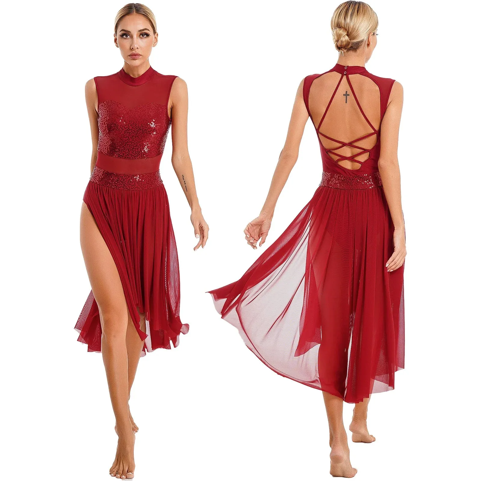 Womens Lyrical Dance Dress: Sparkly Sequin Ballet Gymnastics Leotard Dresses