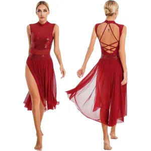 Womens Lyrical Dance Dress: Sparkly Sequin Ballet Gymnastics Leotard Dresses