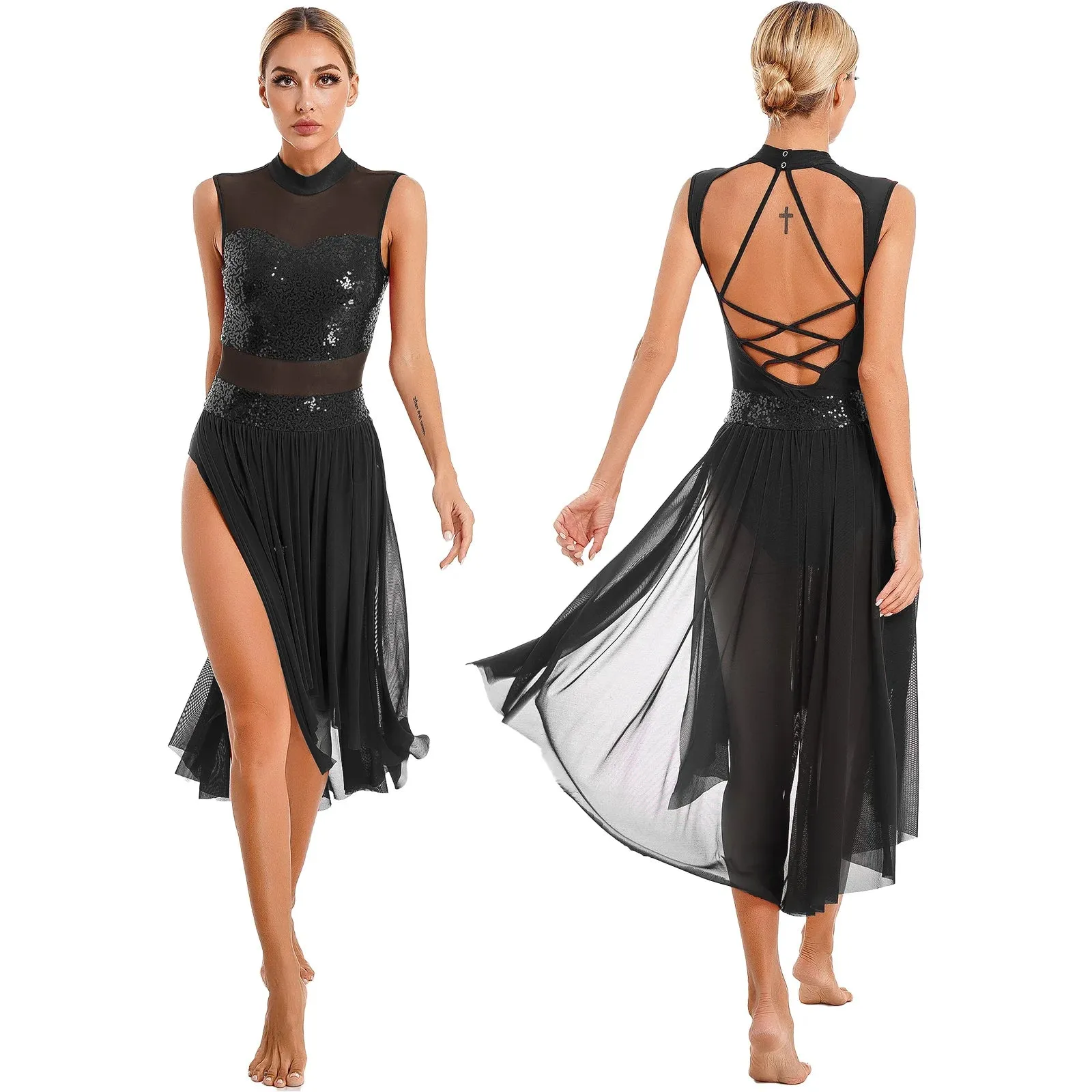 Womens Lyrical Dance Dress: Sparkly Sequin Ballet Gymnastics Leotard Dresses
