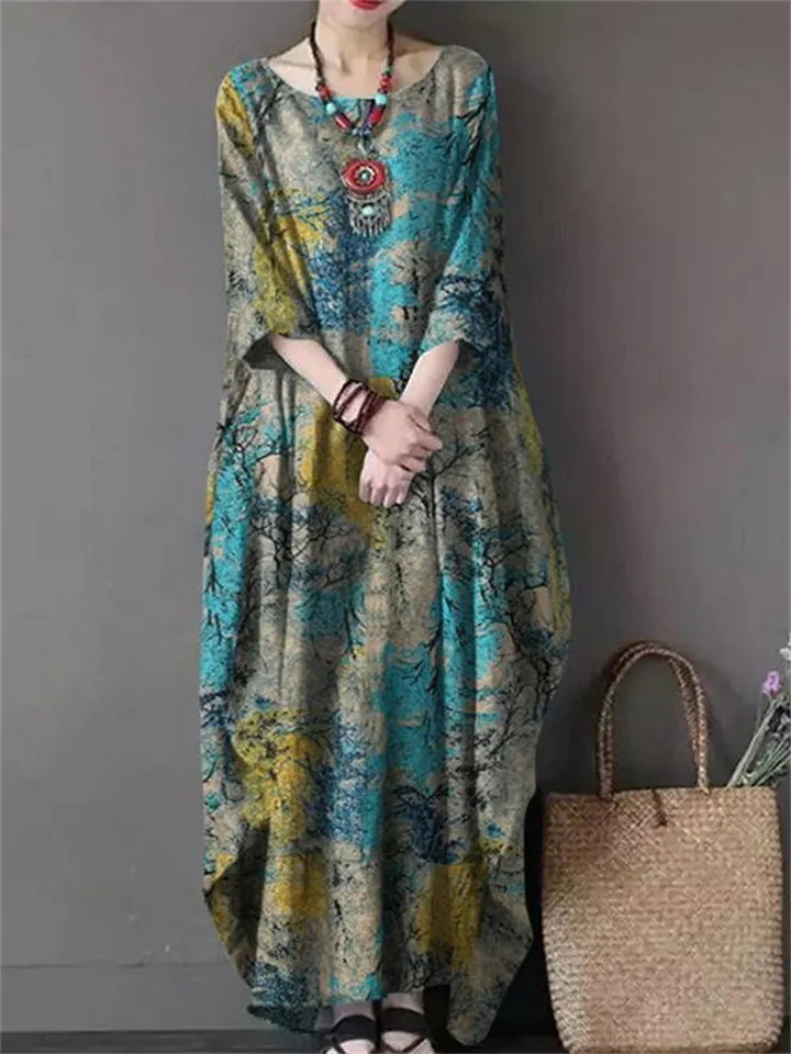 Women's Mountain View Printed Oriental Style Pullover Dress