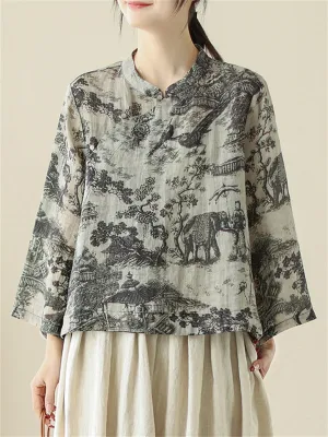 Women's Oriental Scenery Print Stand Collar Long Sleeve Shirt