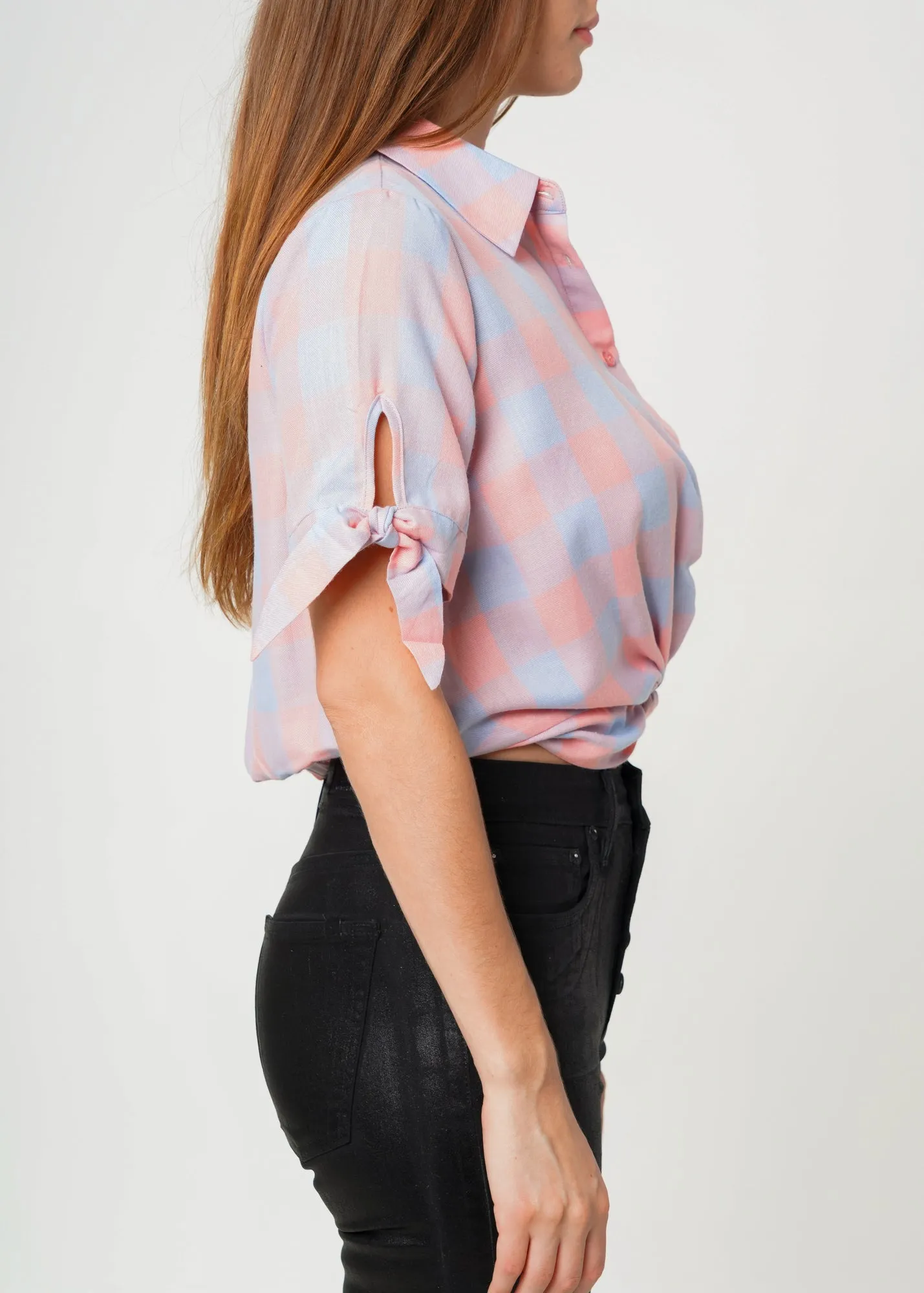 Women's Plaid Twist Hem Crop Top in Bubblegum