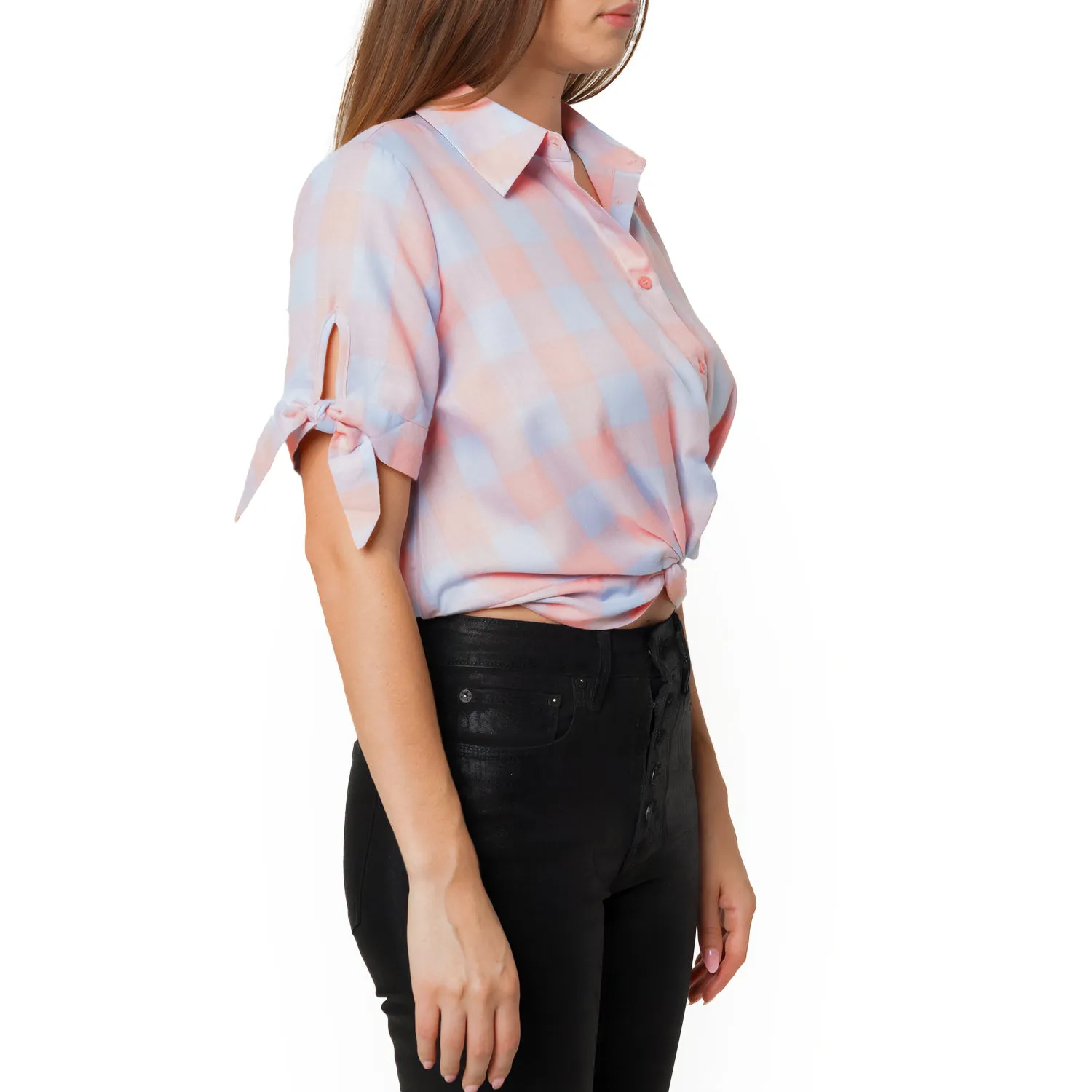 Women's Plaid Twist Hem Crop Top in Bubblegum