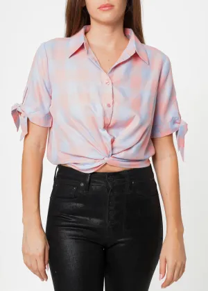 Women's Plaid Twist Hem Crop Top in Bubblegum