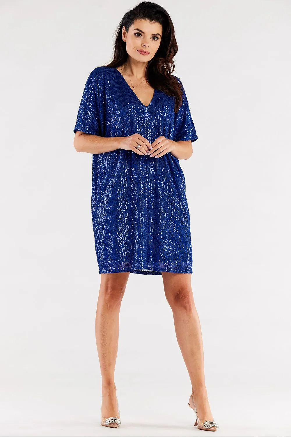 Women's Red Sequin V-Neck Loose Fit Short Sleeve Evening Dress