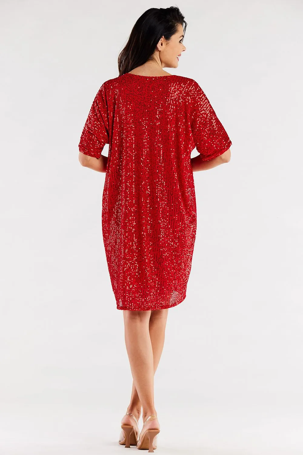 Women's Red Sequin V-Neck Loose Fit Short Sleeve Evening Dress