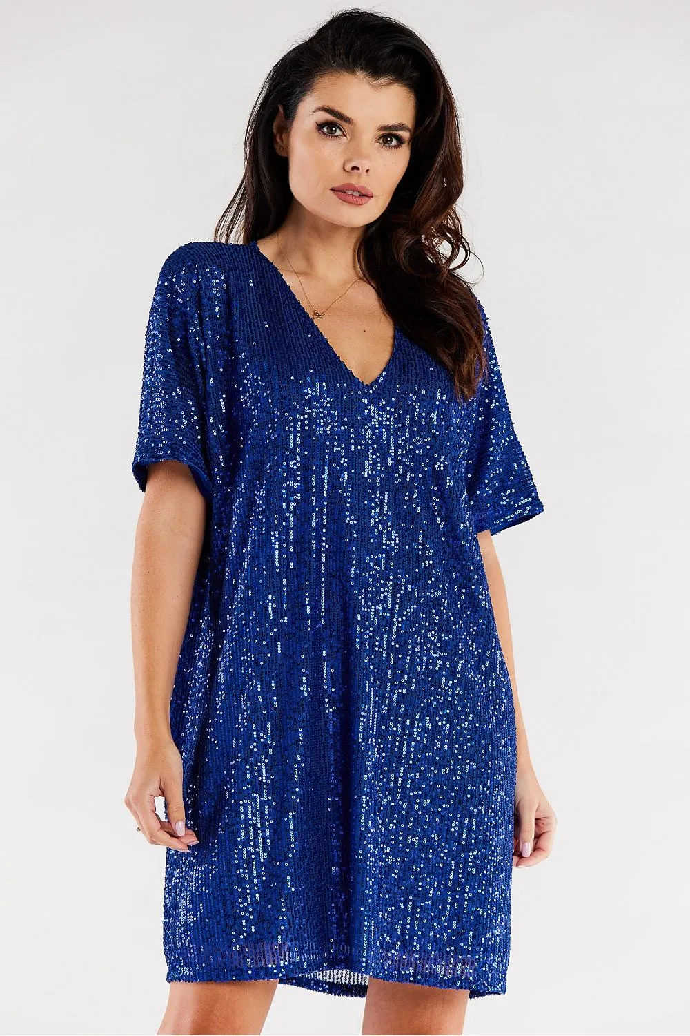 Women's Red Sequin V-Neck Loose Fit Short Sleeve Evening Dress