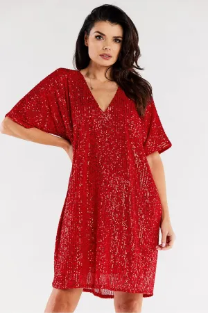Women's Red Sequin V-Neck Loose Fit Short Sleeve Evening Dress