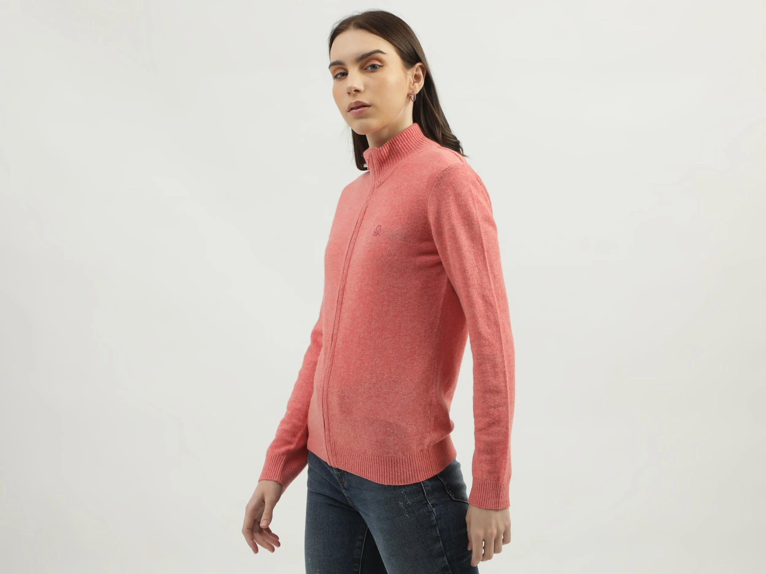 Women's Regular Fit High Neck Knitted Cardigan