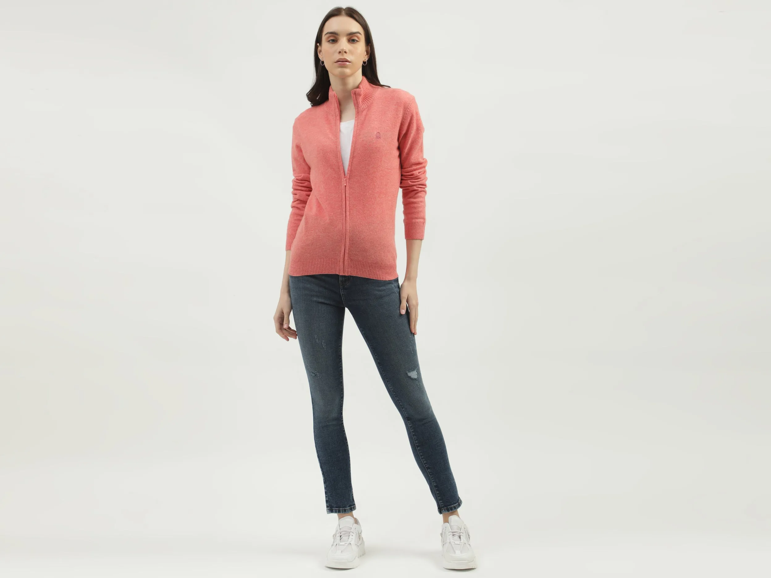 Women's Regular Fit High Neck Knitted Cardigan