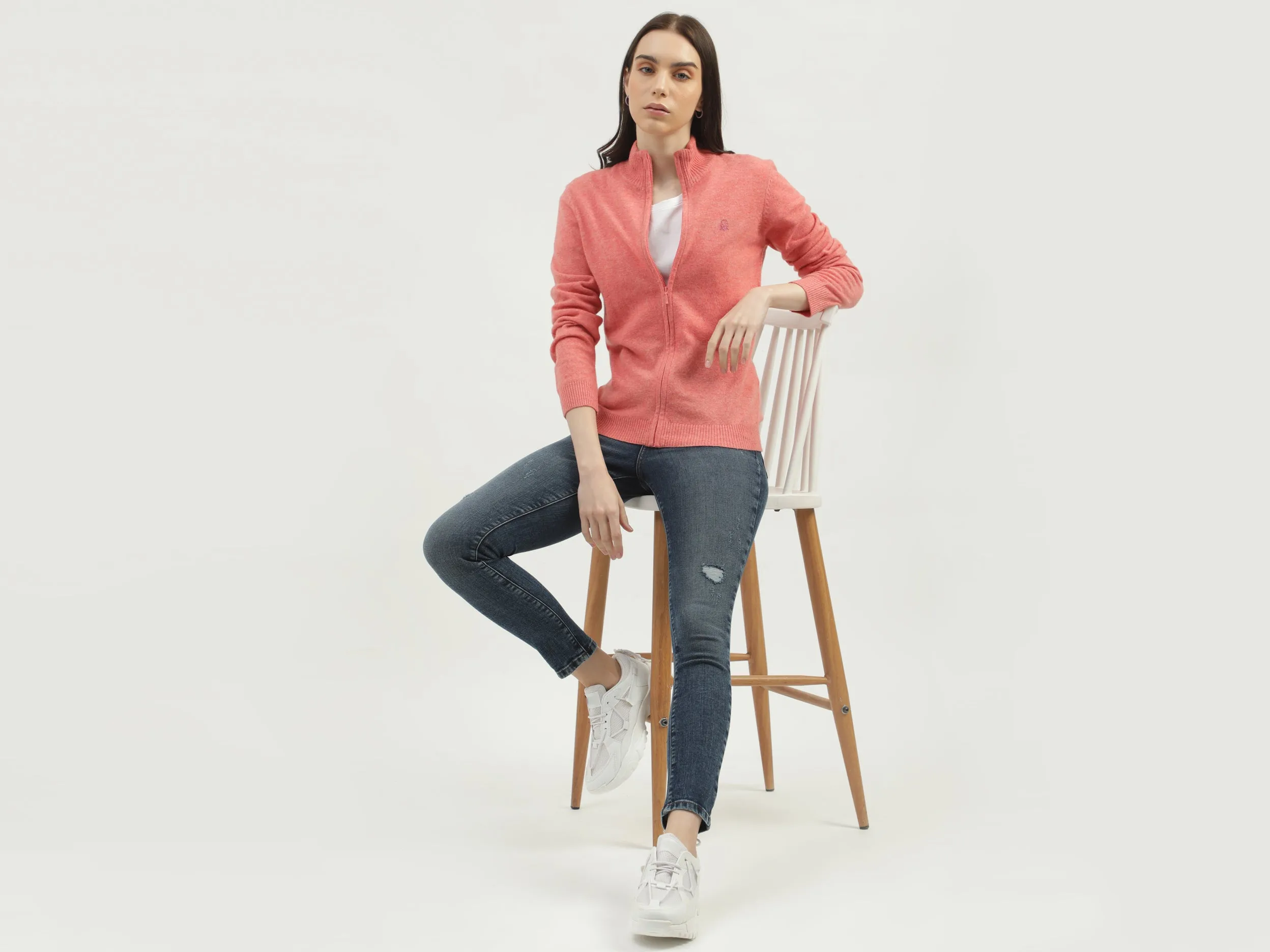 Women's Regular Fit High Neck Knitted Cardigan