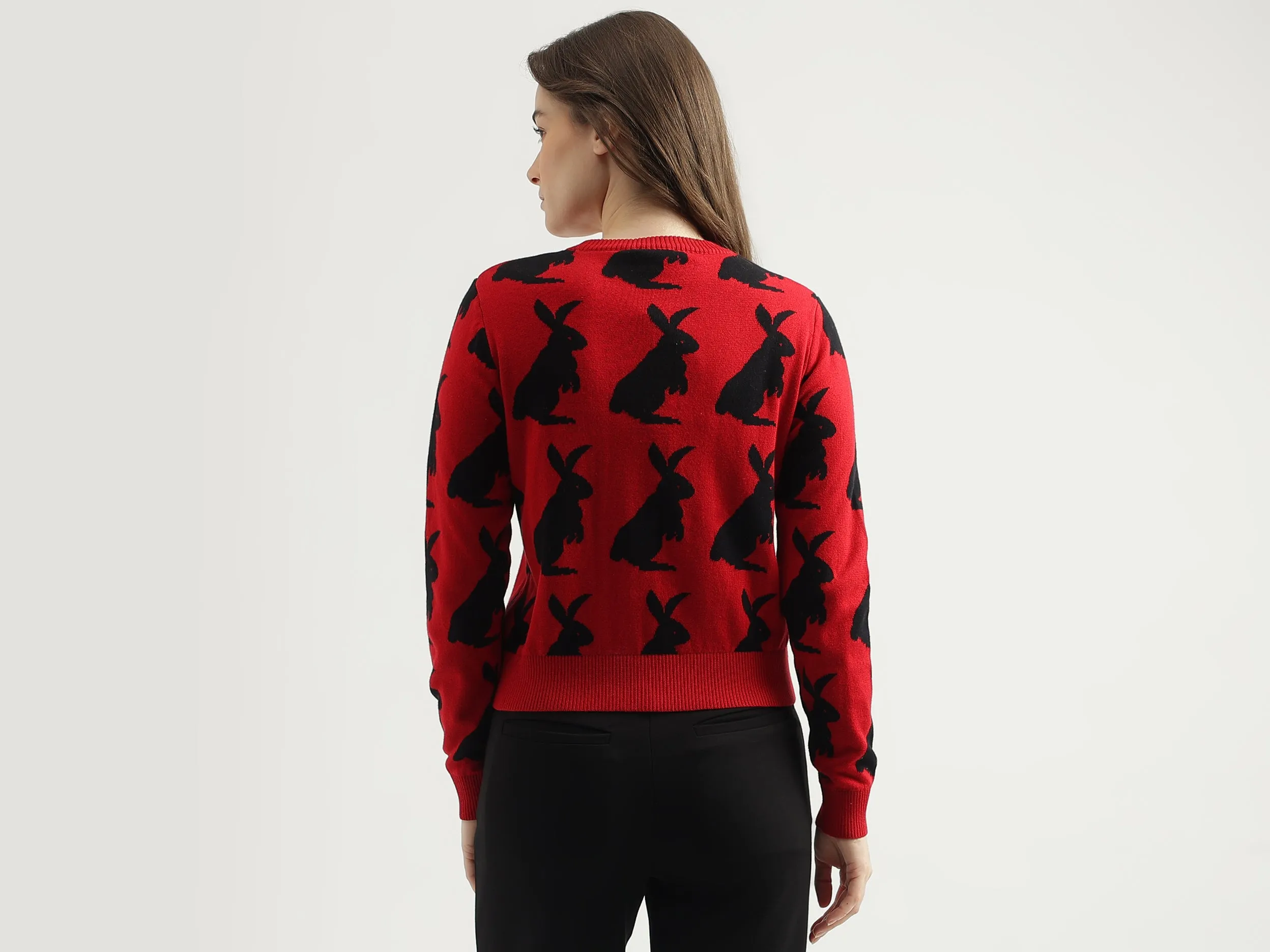 Women's Regular Fit Round Neck Printed Sweater