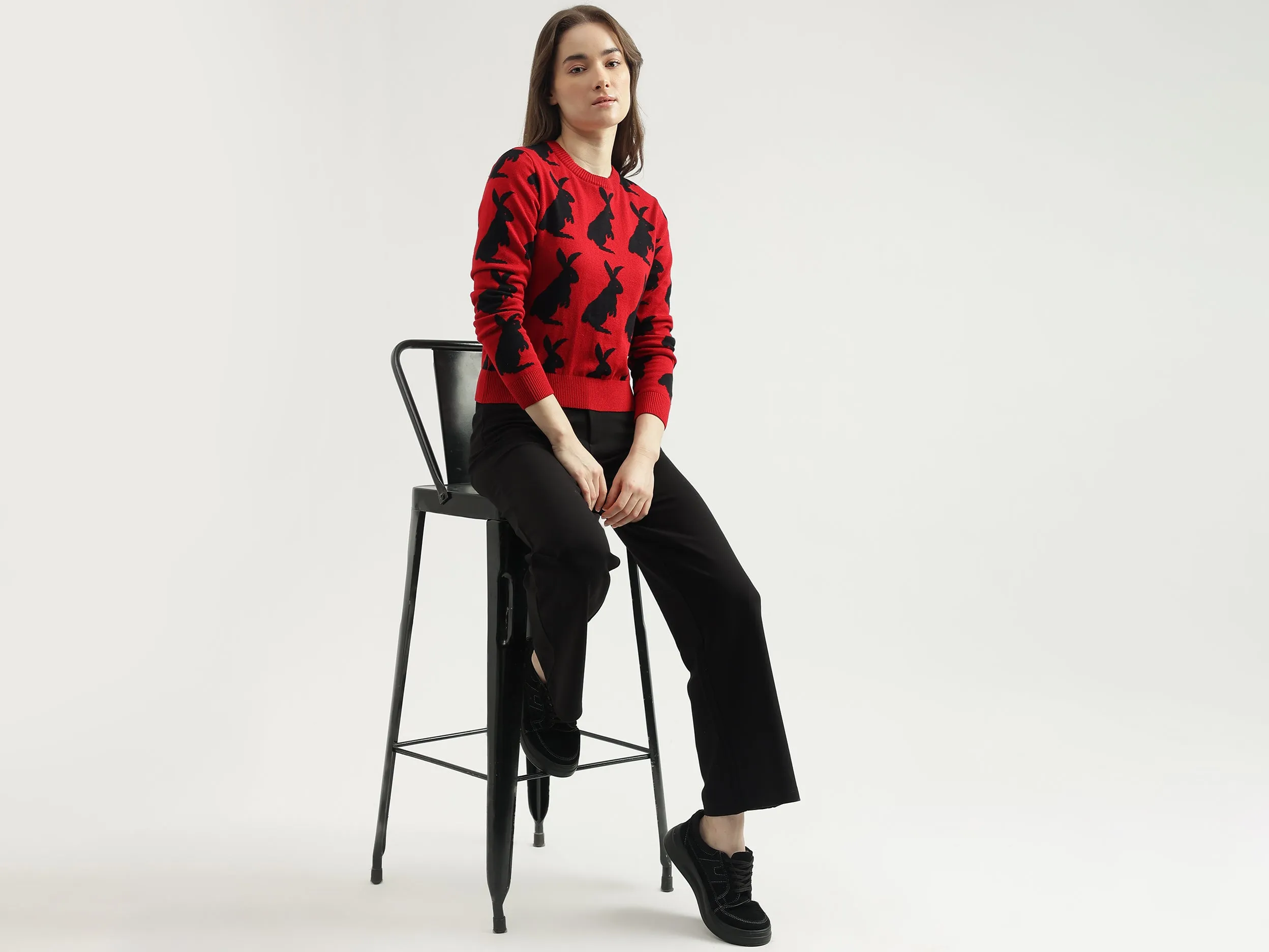 Women's Regular Fit Round Neck Printed Sweater