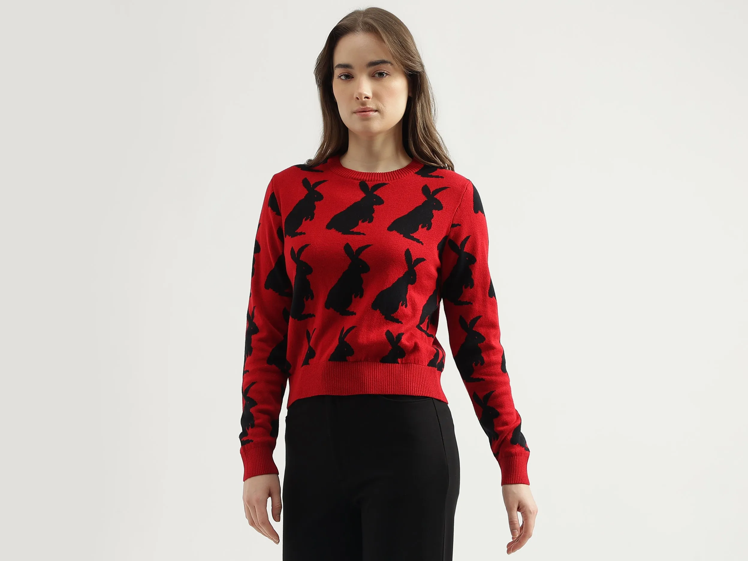 Women's Regular Fit Round Neck Printed Sweater